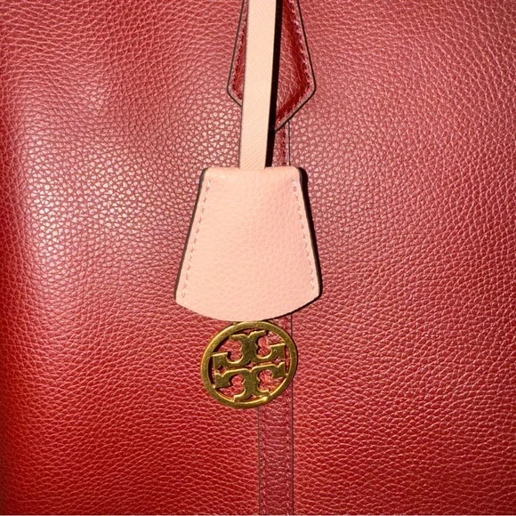 Tory Burch Ella Tote Burgundy Leather w/ Blue Interior Work School Bag - Picture 4 of 8